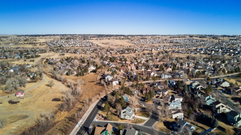 Aerial view of a residential neighborhood in a Colorado suburb